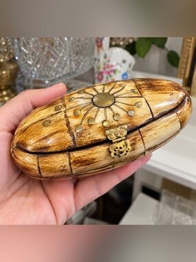 Antique Oval Inlaid Jewelry Box Blue Velvet Interior